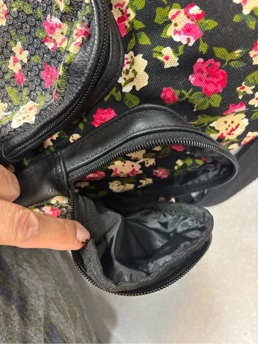 Candie's Black Floral Sequin Backpack with Pink & Cream Accents